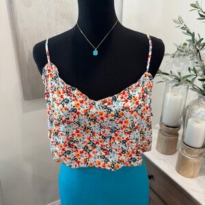 LOCT Floral Spaghetti-Strap Crop Top in White and Multicolor